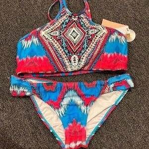 PilyQ blue pink feather print bikini D top L bottoms latter back brand new